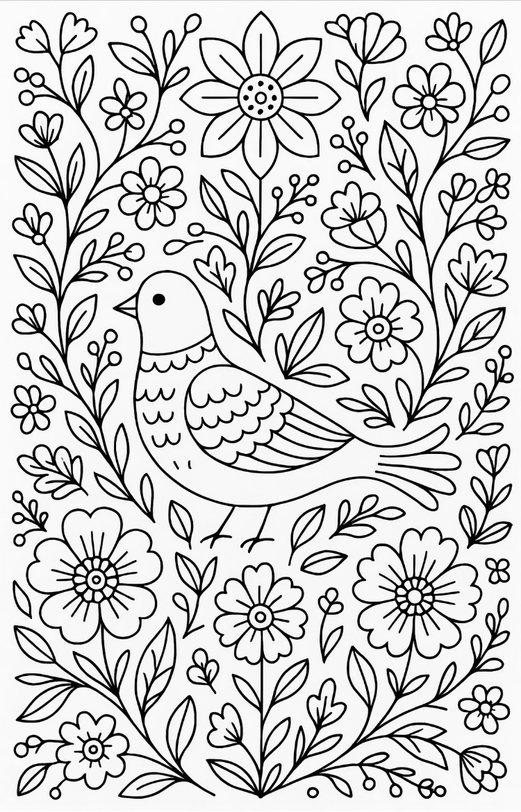 Omalovánka ke stažení -  Holub a Květiny